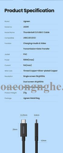 Ugreen 70951 0.8M 40Gbps 100W USB 3.1 cáp USB type C Thunderbolt 3 hỗ trợ PD màu đen US341 30070951
